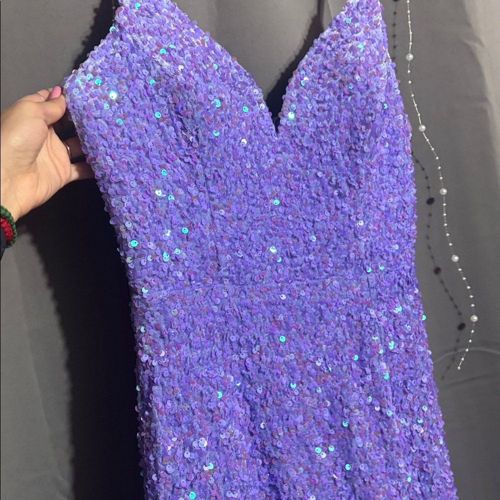 B.Smart Purple Sequin Spaghetti Strap Maxi Dress With V-Neck & Side Slit - Picture 2 of 9